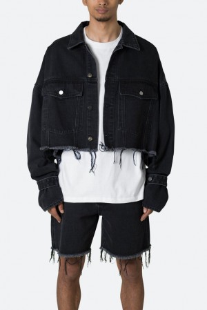 Washed Black Mnml Frayed Denim Jacket Jackets | JYHQDFS-07