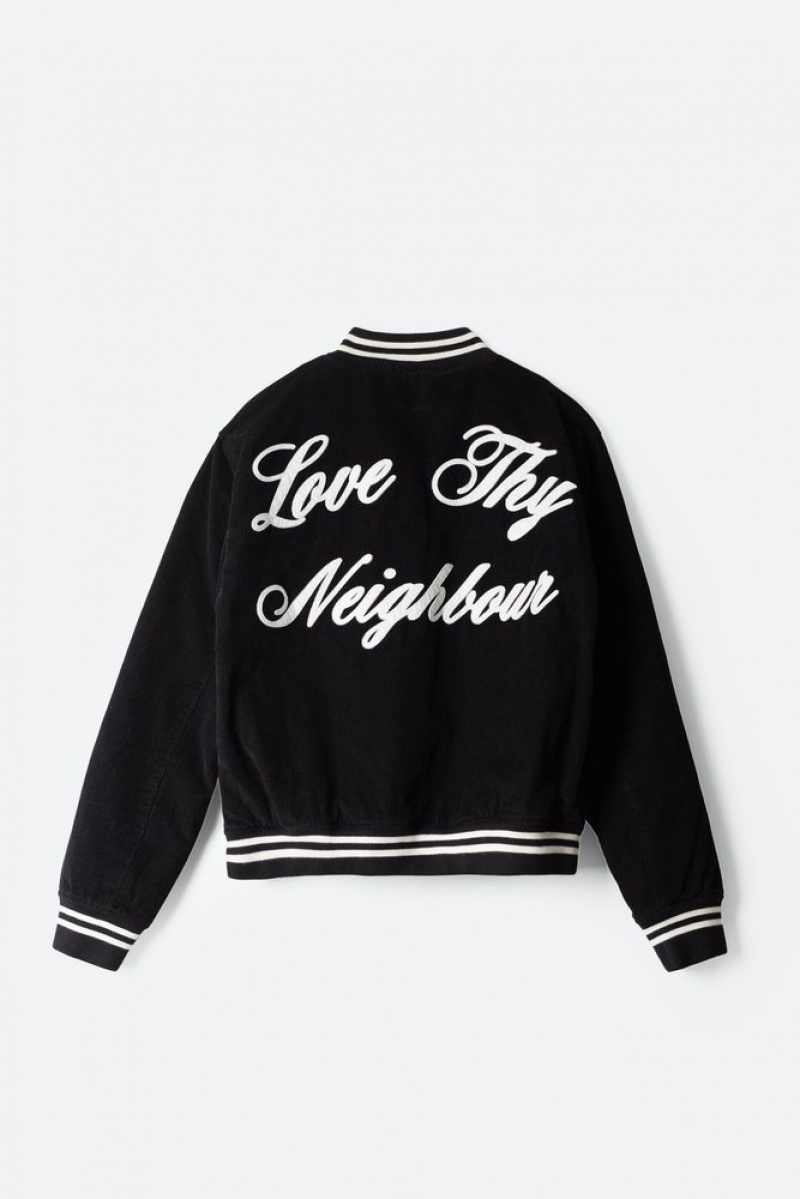 Black Mnml Love Thy Neighbour Varsity Jacket Jackets | VEPHFBM-32