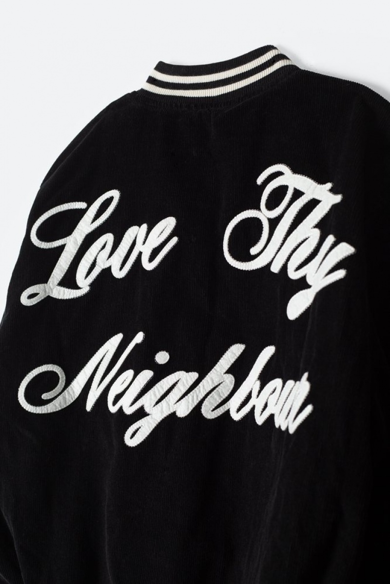 Black Mnml Love Thy Neighbour Varsity Jacket Jackets | VEPHFBM-32